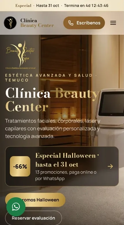 Sitio web de Clínica Beauty Center en un celular: portada con promociones de Halloween y botón de reserva de evaluación