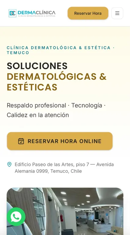 Sitio web de Dermaclínica en un celular: soluciones dermatológicas y estéticas con botón para reservar hora online