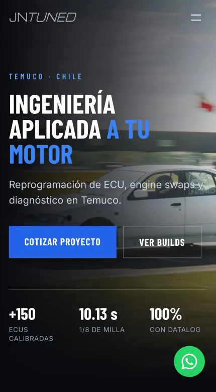Sitio web de JNTUNED en un celular: ingeniería aplicada a tu motor, con botones para cotizar y ver builds