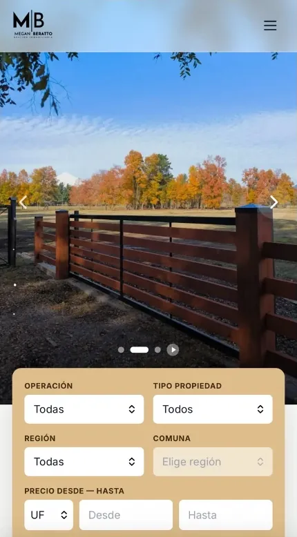 Sitio web de MB Propiedades en un celular: foto de un campo en otoño y buscador por operación, tipo, región y comuna