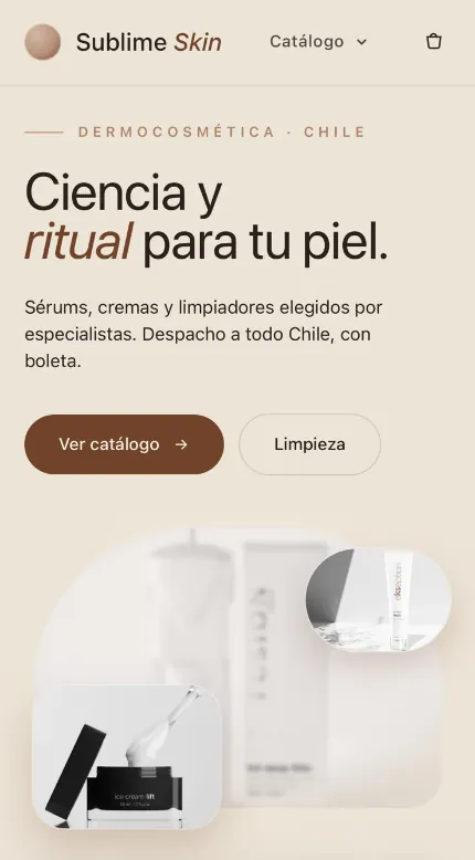 Tienda online Sublime Skin en un celular: ciencia y ritual para tu piel, con botón para ver el catálogo